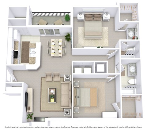 Floor plan for 2 beds, 2 baths, 1048 sqft